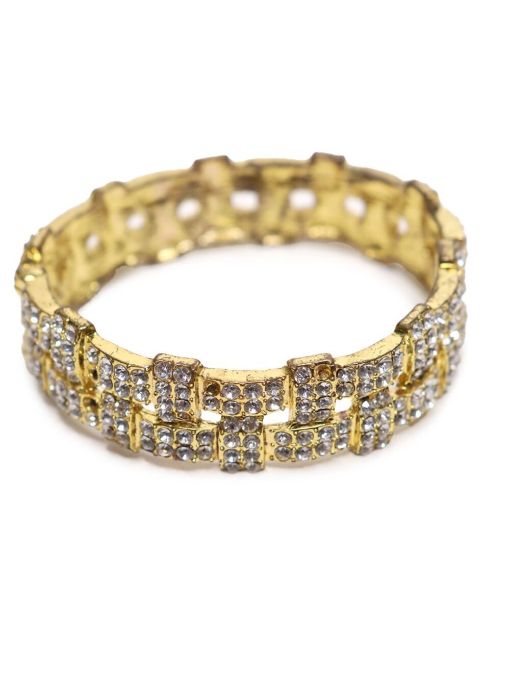 Gold Tone Rhinestone Hinged Bangle Bracelet Wide Pavé Crystal Statement Cuff